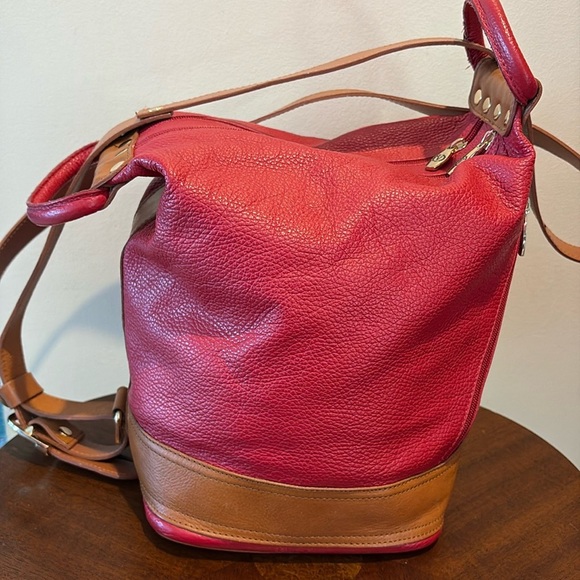 Valentina Backpack Shoulder bag sling back Italian leather Red/ Brown - Picture 4 of 14